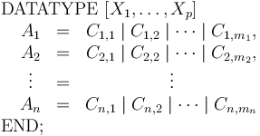 
\begin{array}{l}
\mathrm{DATATYPE}\ [X_1, \ldots, X_p] \\
\begin{array}{ccc} 
 \ \ A_1 & = & C_{1,1} \mid C_{1,2} \mid \cdots \mid C_{1,m_1}, \\
 \ \ A_2 & = & C_{2,1} \mid C_{2,2} \mid \cdots \mid C_{2,m_2}, \\
 \ \ \vdots & = & \vdots \\
 \ \ A_n & = & C_{n,1} \mid C_{n,2} \mid \cdots \mid C_{n,m_n} \\
\end{array}
\\
\mathrm{END}; 
\end{array}
